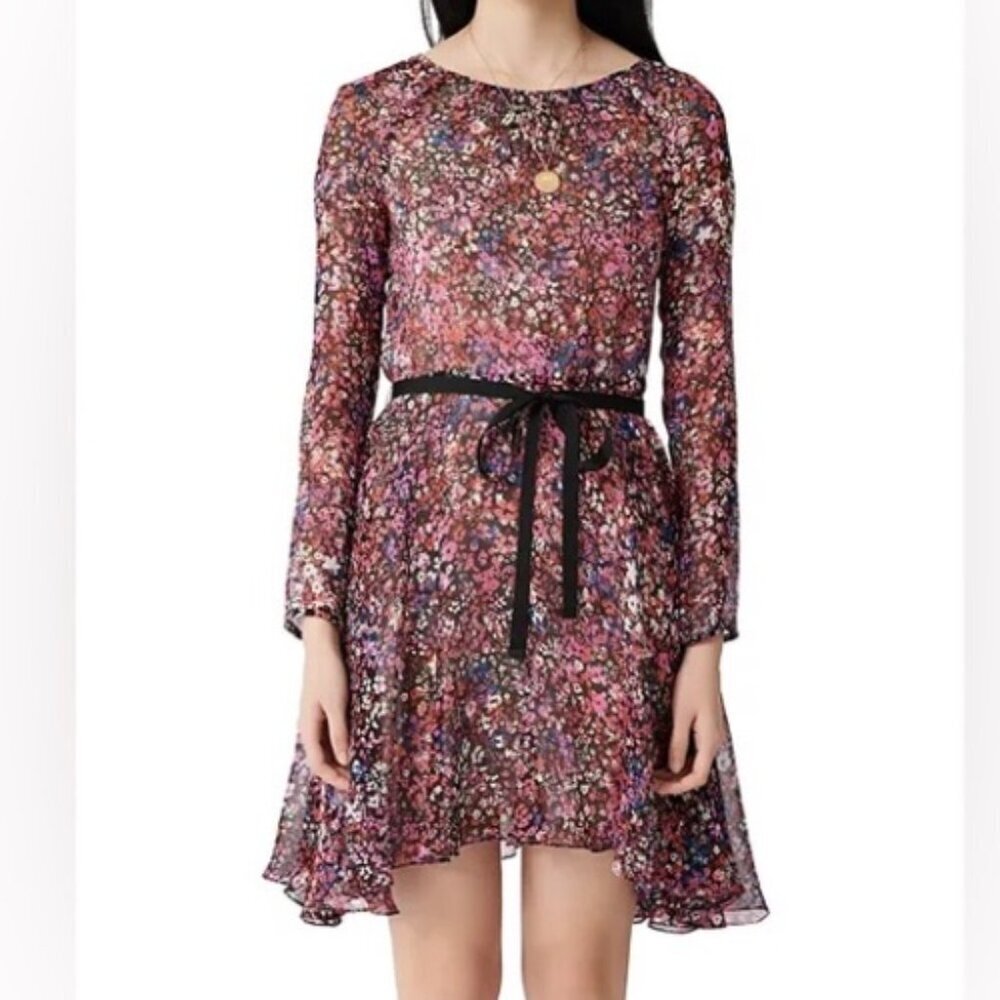 Maje Relana 100% Silk Mini Dress Floral Print Belted Cropped Sleeves Size Med 38